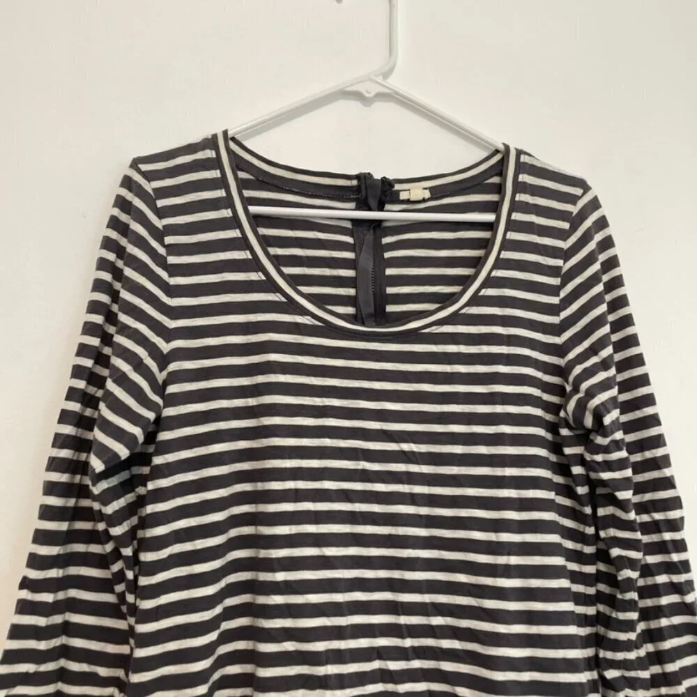 J. CREW Painter Zip Tee Gray Cream Ivory Horizontal Striped 3/4 Sleeve Cotton L